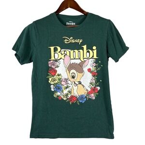 Disney Womens Small Bambi Graphic Tee Green Floral Deer Movie Cute Casual Shirt